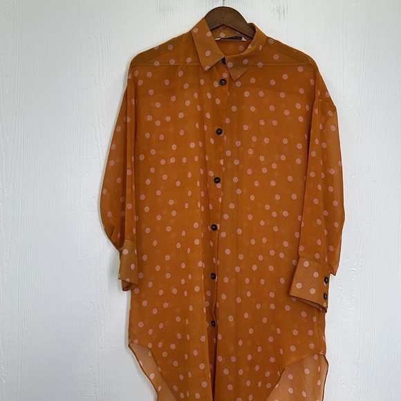Zara - Polkadot Cream And Orange Button Down Long Chiffon Top Size Medium - Picture 11 of 13
